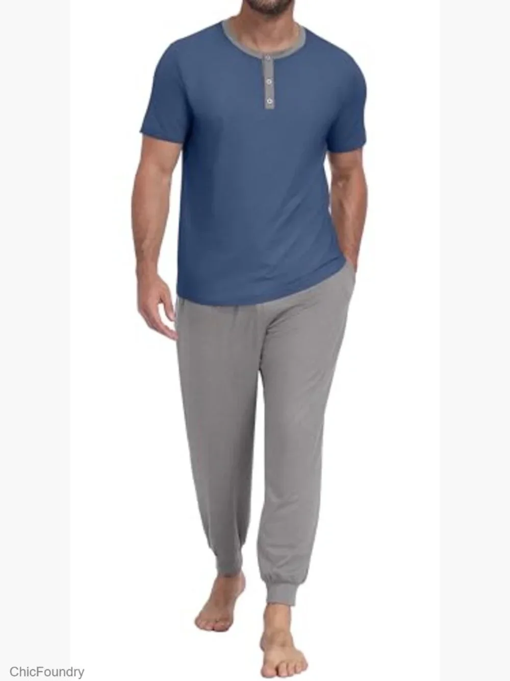 Men's 2-Piece Pajama Set Short Sleeve Henley Loungewear with Pockets